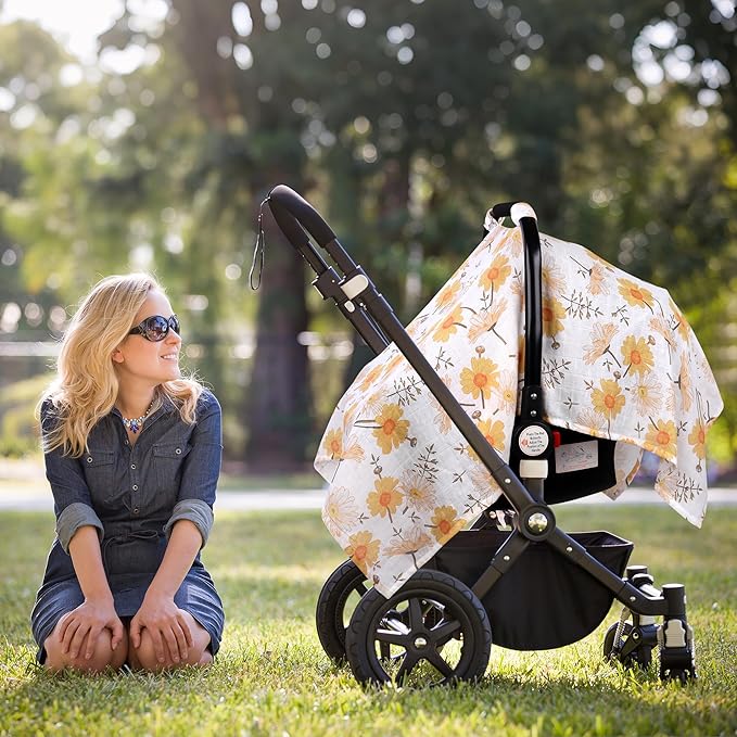Metplus Car Seat Cover Baby Girl, 100% Muslin Cotton Infant Carseat Covers, Lightweight Breathable Car Seat Canopy, Summer Stroller Sun Shade, Newborn Travel Essentials