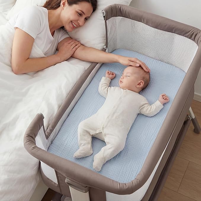 Muslin Bassinet Sheet Compatible with Maxi-COSI Iora & Iora Air Bedside Sleeper - 100% Cotton Rectangular Mattress Pad Cover (33"x20"), Breathable & Soft, Boho (1 Pack Blue)