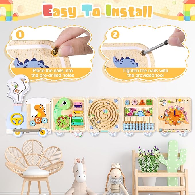 Train Activity Wall Busy Board,Wooden Montessori Sensory Toys,15-in-1 Sensory Wall Panel for Playroom,Preschool,Daycare,Nursery,Classroom, Educational Toys for Toddler