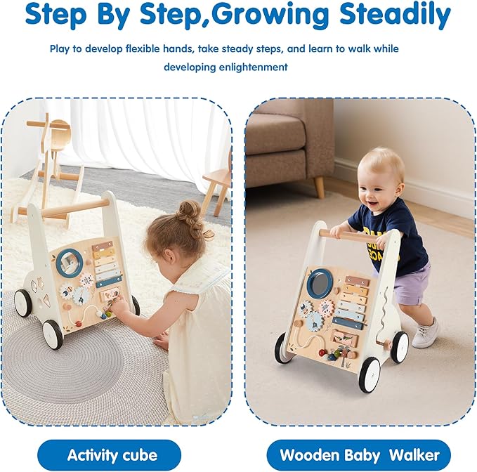 Freniland Wooden Baby Walker，Baby Walker with Wheels for Toddlers 18M+，Montessori Toys with Bead Maze, Xylophone and Storage for Boy and Girl