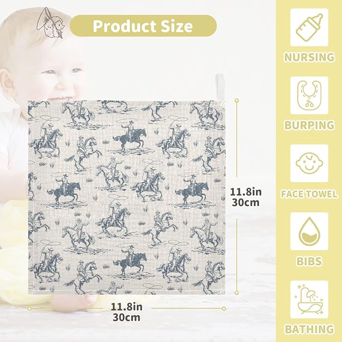 Newborn Face Towel Western Cowboy Soft Cotton Baby Washcloths 11.8 x 11.8 Inch Infants Girls Boys Muslin Burp Cloths 5 Pack