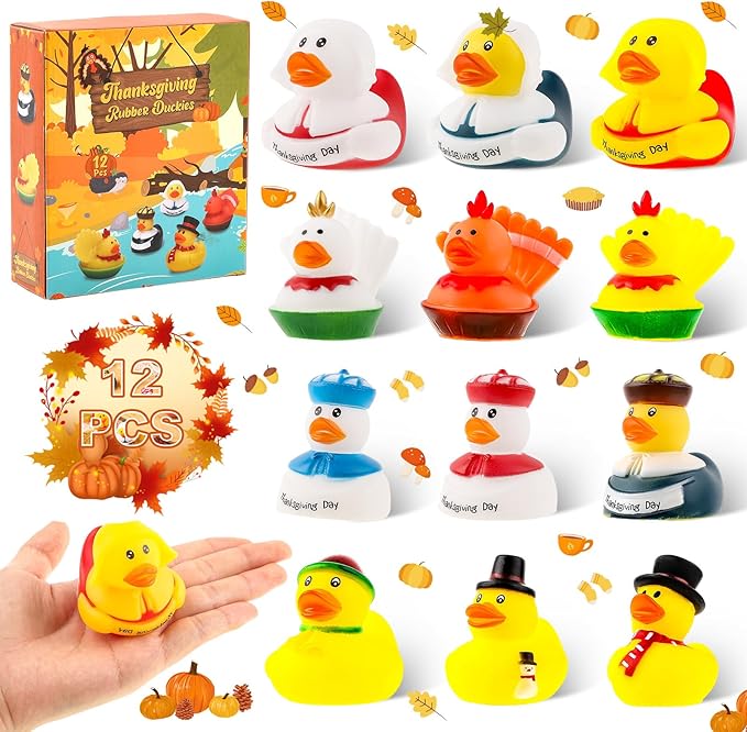 12PCS Thanksgiving Rubber Ducks Thanksgiving Day Themed Turkey & Pilgrim Ducks Bath Toys Basket Fillers Table Duckies Decors Fall Party Favors for Kids Adults