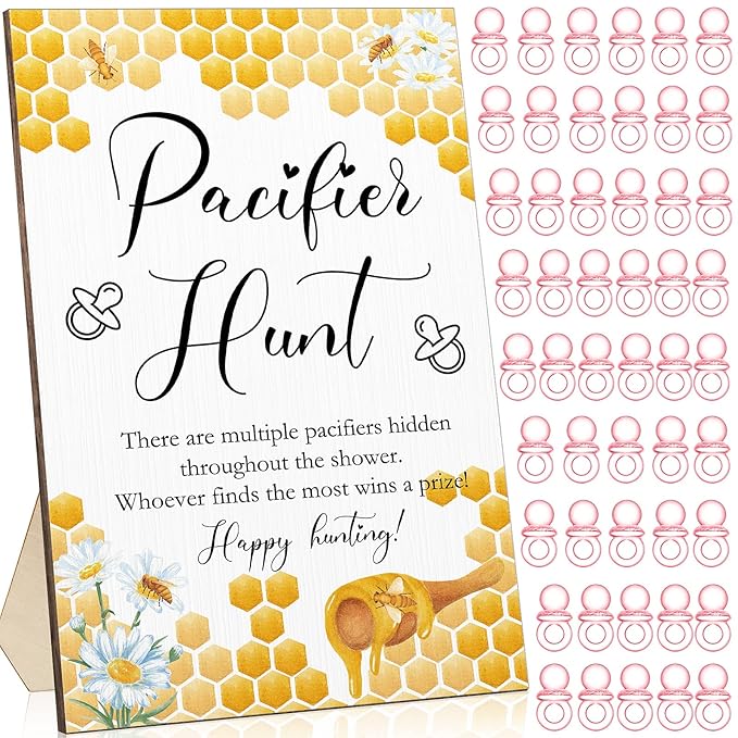Roowest 51 Pcs Pacifier Hunt BabyShower Games Include Wooden Hunt Sign and 50 Acrylic Mini Plastic Pacifiers for BabyShower Game Decoration Gift Sets Gender Reveal Party