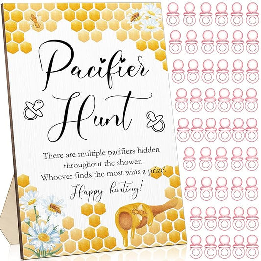 Roowest 51 Pcs Pacifier Hunt BabyShower Games Include Wooden Hunt Sign and 50 Acrylic Mini Plastic Pacifiers for BabyShower Game Decoration Gift Sets Gender Reveal Party