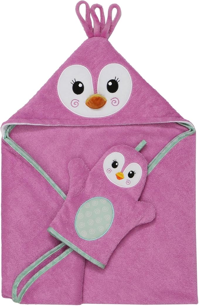 ZOOCCHINI Bath Mitt for Kids – 100% Cotton Terry with Soft Lining, Playful Animal Puppet Design for Fun Bathtime, One Size 5” x 9.25”, Penny the Penguin