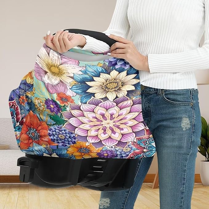 Mandala Flower Car Seat Covers Multi-Purpose Decorative Pram Dust Protector Breastfeeding Scarf Durable Stroller Canopy Covers Washable Breastfeeding Shawl