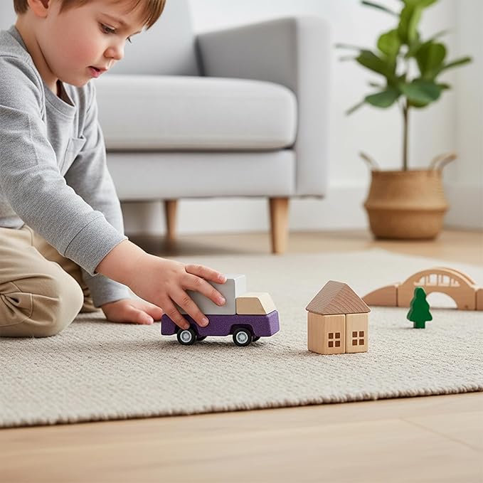 PlanToys® Purple Delivery Truck Wooden Montessori Vehicle Toy | Early Movement, Imagination and Practical Life Exploration | Eco Friendly Truck for Indoor and Outdoor Play