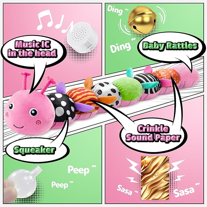 LIGHTDESIRE Baby Toys Musical Caterpillar,Infant Toys Stuffed Animals 3 6 12 Months Sensory Toys with Ruler Design,Crinkle&Ring Bell,Baby Teething Toy Tummy Time Boy Girl Gifts Easter Basket Stuffer