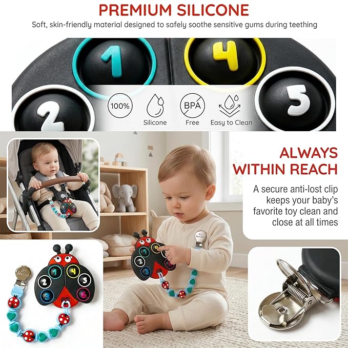 BIGSPINACH Teething Toy & Pacifier Clip Set,Ladybug Pop-It Teether & Pacifier Hold,Multi-Textured Chew Toy with Number Buttons for Early Learning, Baby Teething Relief (Black+Blue)