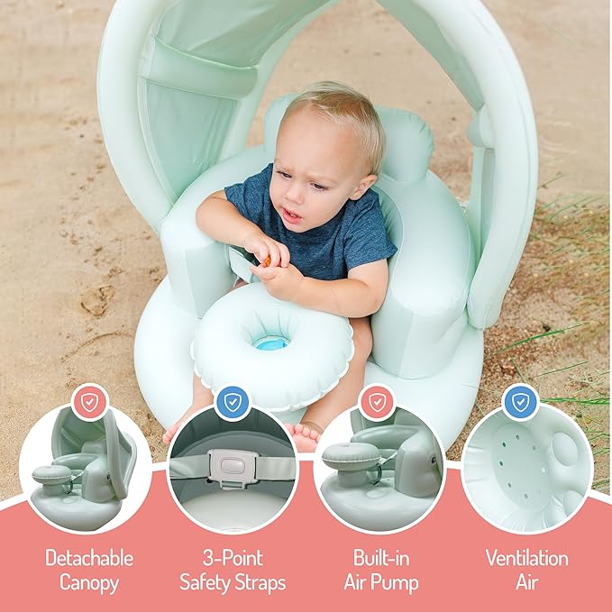 Inflatable Baby Seat for 3-36 Months w/Built-in Pump & Detachable Canopy, Sit Me Up Floor Seat for Baby w/Safety Straps, Inflatable Infant Chair, Indoor/Outdoor Blow Up Chair is Ideal Summer Gift