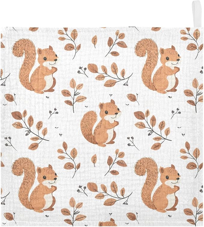 vvfelixl Baby Muslin Washcloths Cute Squirrel with Tail Baby Burp Cloths Cotton Babys Face Towel for Newborn Infants Boys Girls Soft and Absorbent 11.8 X 11.8 in, 3 Pack