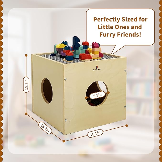 Damoch Family® Wisdom Play Cube – Montessori 5-in-1 Kids Play & Activity Table, Play Cube and Activity Center, Toy Box Storage Organizer, Building Blocks & Base Plate, Bedside Table & Cat Hideout
