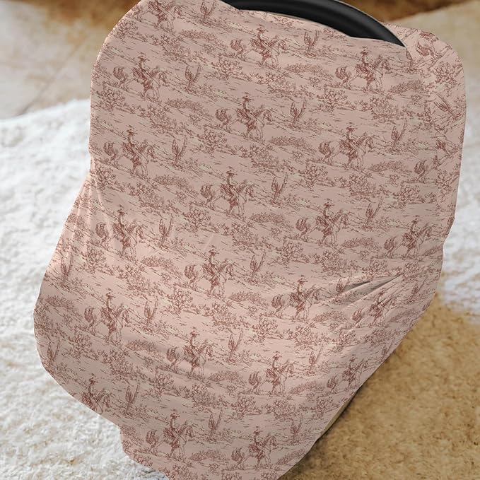 Vintage Western Cowboy Baby Car Seat Covers Retro Cowboy Cactus Horse Stretchy 5-in-1 Cover Adjustable Infant Carseat Canopy Cover Wild Desert Country Breathable Nursing Cover-Up