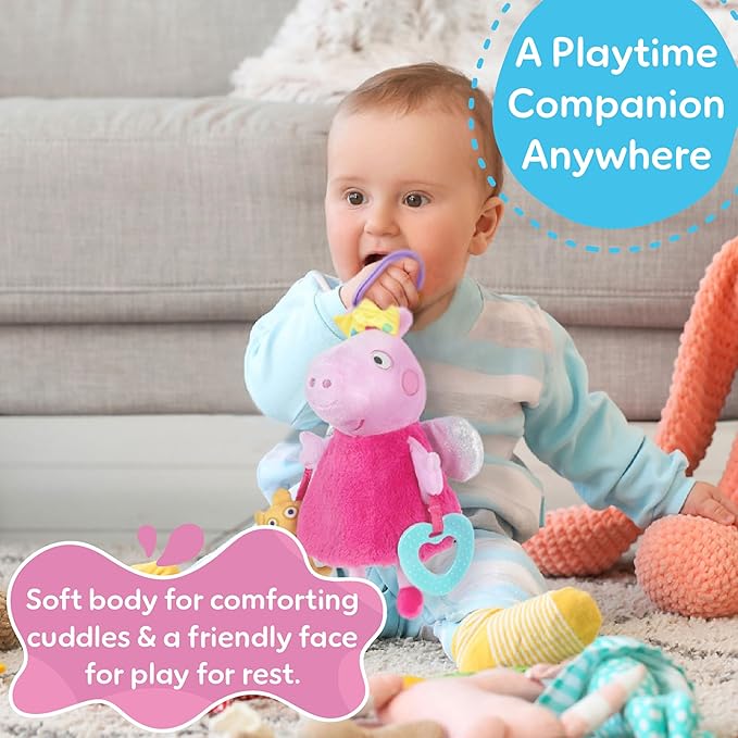 Kids Preferred Peppa Pig Activity Toy - 8.5 Inches, Fairy Wings, Heart Teether, On-The-Go Clip, Sensory Toy, Rattle, Crinkle, Ages 0 Months Up