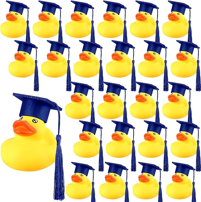 Lenwen 24 Pcs Graduation Rubber Ducks with Grad Cap Mini Rubber Duckies Gifts Bulk for Graduation Party Favors Decoration(Blue Grad Hat)
