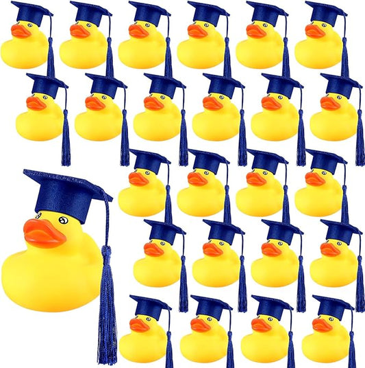 Lenwen 24 Pcs Graduation Rubber Ducks with Grad Cap Mini Rubber Duckies Gifts Bulk for Graduation Party Favors Decoration(Blue Grad Hat)