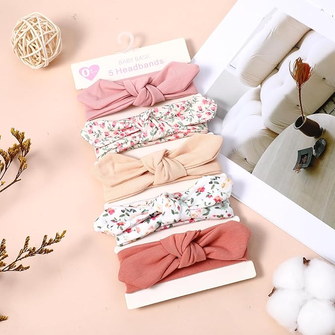 5 Pack Baby Girls Bows Headbands, Soft Polyester Hairbands Handmade Newborn Infant Toddler Hair Accessories Elastic Knot Hairbands with Hair Bows