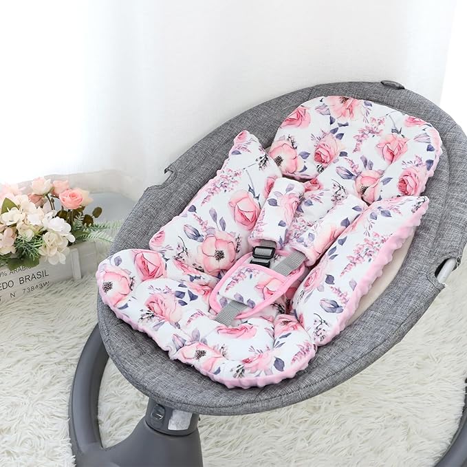 SWESEN Infant Car Seat Insert with 3 Strap Covers Set, Car Seat Head Support Baby for Girls, Soft 3 in 1 Baby Car Seat Cushion for Strollers, Bouncers, Swing, Floral