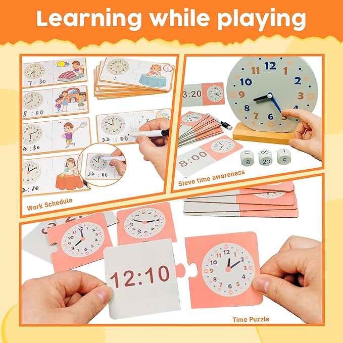 Wooden Toys for Learning Clock Game Set - 29 Piece,Learning Clocks for Kids, Clocks and Time Teaching Aids for Pen Included, Homeschool Supplies-Telling Time Teaching Clock for Kids Ages 3+