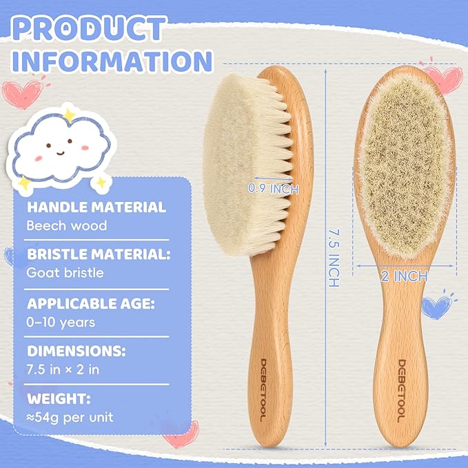 DEBETOOL 2-Pack Baby Hair Brush with Soft Bristles - Natural Wooden Baby Brush for Newborns & Infants Gentle Scalp, Perfect Baby Registry & Shower Gift