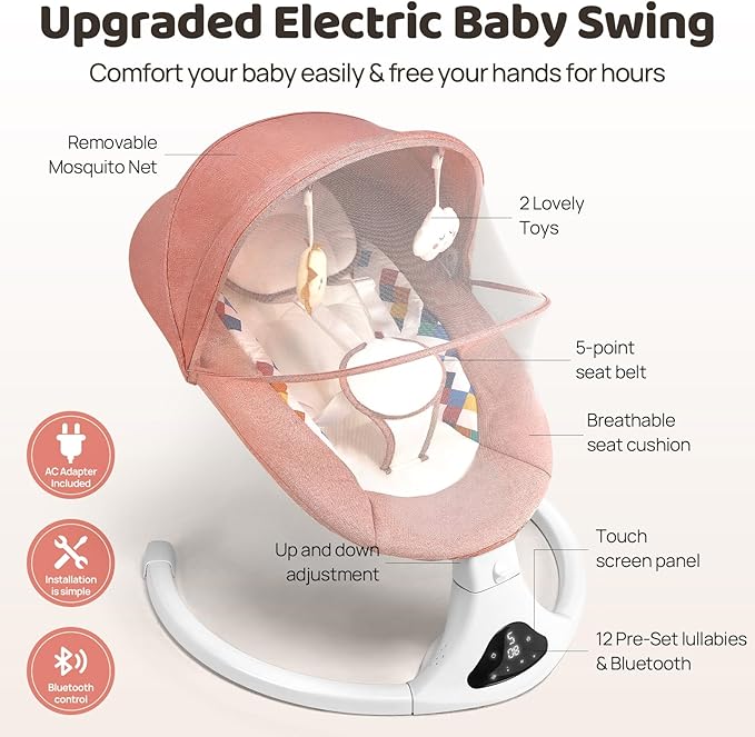 Baby Swings for Infants, Pink Infant Swing with 5 Speeds, 12 Soothing Melodies, Bluetooth & Remote Control, Portable Baby Swing for Indoor and Outdoor (Pink)