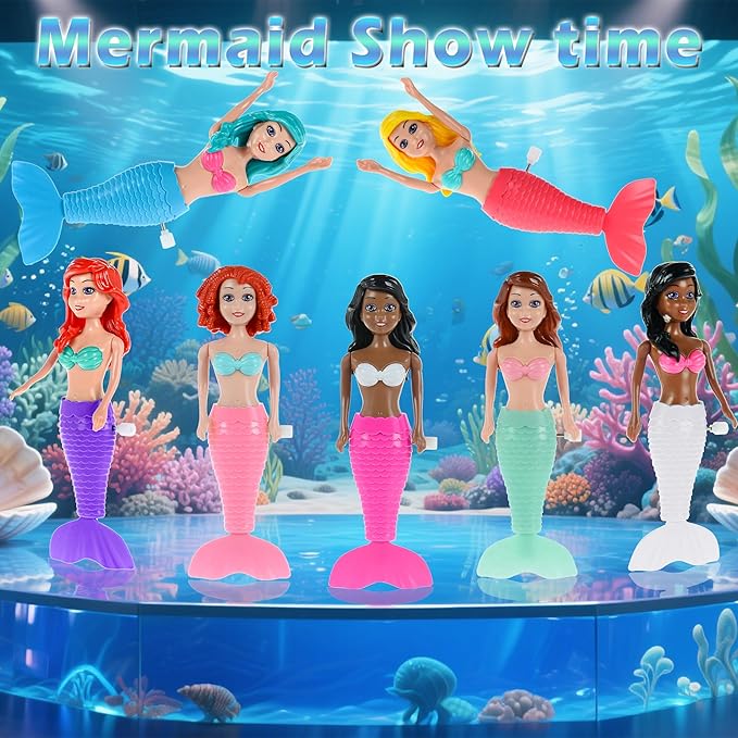 dollbie 7-Pack Wind-Up Mermaid Bath Toys for Kids -Toddler Bath Toys for Kids Moving Tail Priness Doll Diverse Hair Colors & Styles Mermaids, Swimming Pool Party Favors