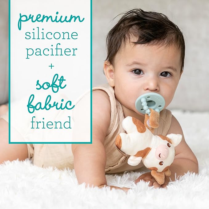 Infantino Snuggle & Soothe PaciPal - Soft Fabric Pacifier Pal with Premium Silicone Pacifier for Baby's Comfort and Self-Soothe, Cow