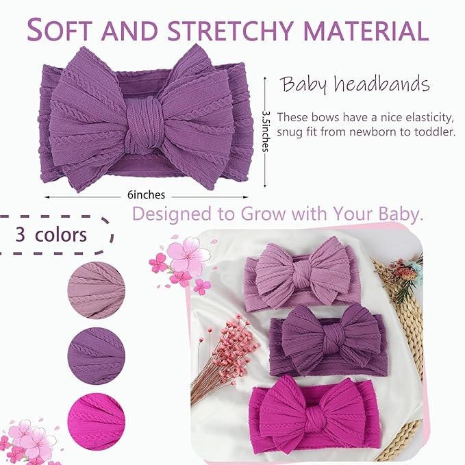 LemonSpace Handmade Baby Girls Headbands Soft Stretchy Nylon Hair Bands Hair Accessories with Bows for Newborn Baby Girls Infant Toddlers Kids (Purple)