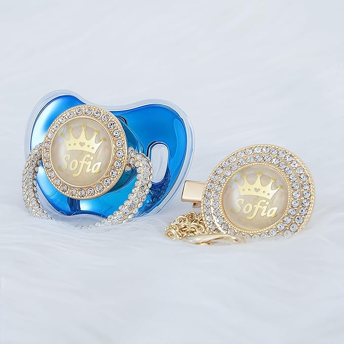 Personalized Name Anniversary All Bling Pacifier and Clip Set Gold Plated New Born Gift Photography No for Daily Use (Metallic Blue)