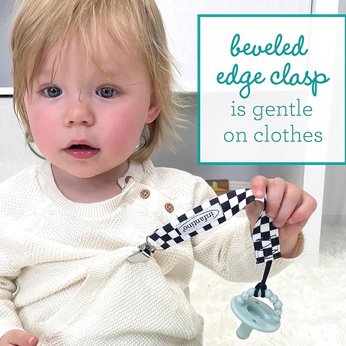 BooginHead by Infantino PaciGrip 2-Pack Pacifier Clips – Universal Fit, Gentle on Clothes, Keeps Pacifiers Clean & Close, Ages 0-36 Months, Black, Grey and White Skater