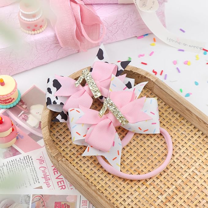 YanJie 4'' Baby Girl Birthday Hair Bow for 1 Year Old Newborns Glitter Cow Print Infant Headbands Sprinkle First Birthday Hair Accessories Pink Bows