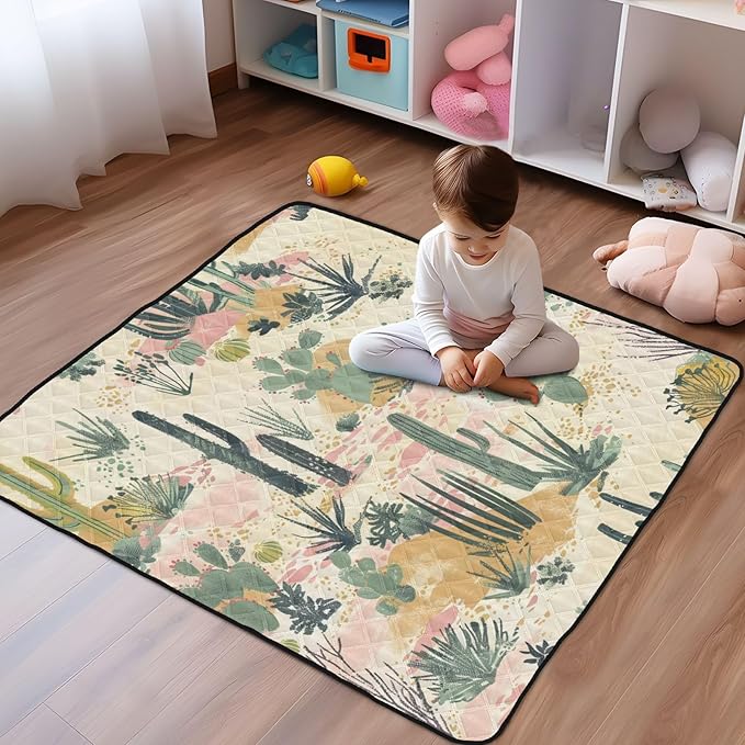 Baby Play Mat Tropical Cactus Desert Pink 50 x 50 Playpen Mat Baby Play Mats for Floor Play Gym Crawling Mat Non-Slip Cushioned Baby Playmat for Infants, Babies, Toddlers