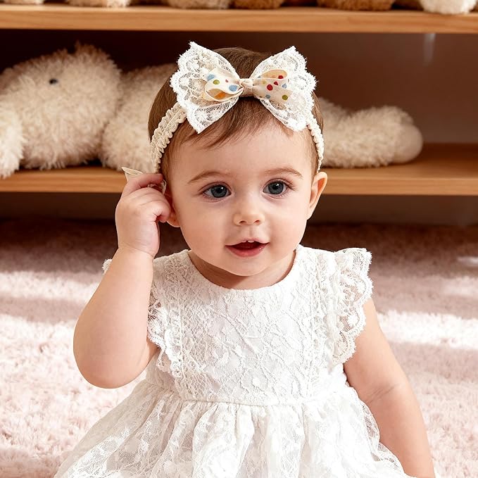 Baby Girls Bow Lace Headband Cute Soft Hairband White Butterfly Knot Headbands for Newborn Infants Toddlers Kids Christening Baptism Birthday Party Hair Accessories（Colorful dots）