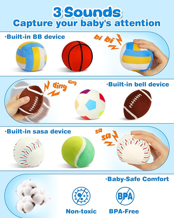 Vanmor Sensory Sports Balls for Babies 6-12M+, 6 Pack Machine Washable Plush Ball Set with Crinkle, Rattles, Squeaky Sounds, Toddler Learning Toys with Travel Bag, Baby Shower Birthday for Newborn