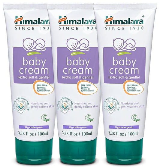 Himalaya Extra Soft & Gentle Baby Cream with Olive Oil and Country Mallow, Free From Parabens, Mineral Oil and Synthetic Colors, Dermatologist Tested, 3.38 oz (100 ml) 3 PACK