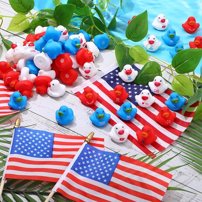 Junkin 200 Pcs Patriotic Rubber Ducky Bulk 1.57 Inch 4th of July Float Rubber Ducks Independence Day Small Duckies Bulk for Memorial Day Pool Party