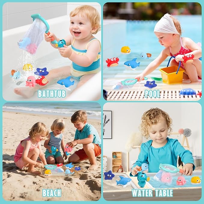 Mold Free Baby Bath Toys for Toddlers 1-3, No Hole Ocean Animal Bathtub Set with Mesh Organizer, Sensory Water Play for Infants 6-12 Months