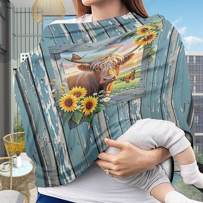 Wanyint Baby Car Seat Cover Car Seat Canopy for Babies Boys Girls, Multi-Use Infant Breastfeeding Covers Nursing Scarf Home Decoration, Highland Cow Sunflower Wood Grain