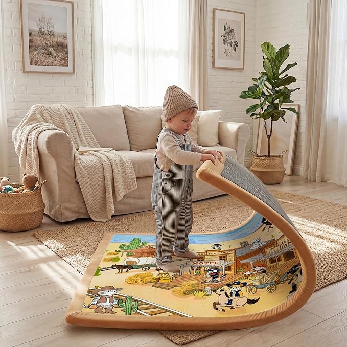 1.5" Thick Educational Large Baby Floor Play Mat 79x118, Flannel Padded Memory Foam Kids Mat, Non-Slip Plush Playmat for Nursery Playroom Classroom (Western Cowboy)