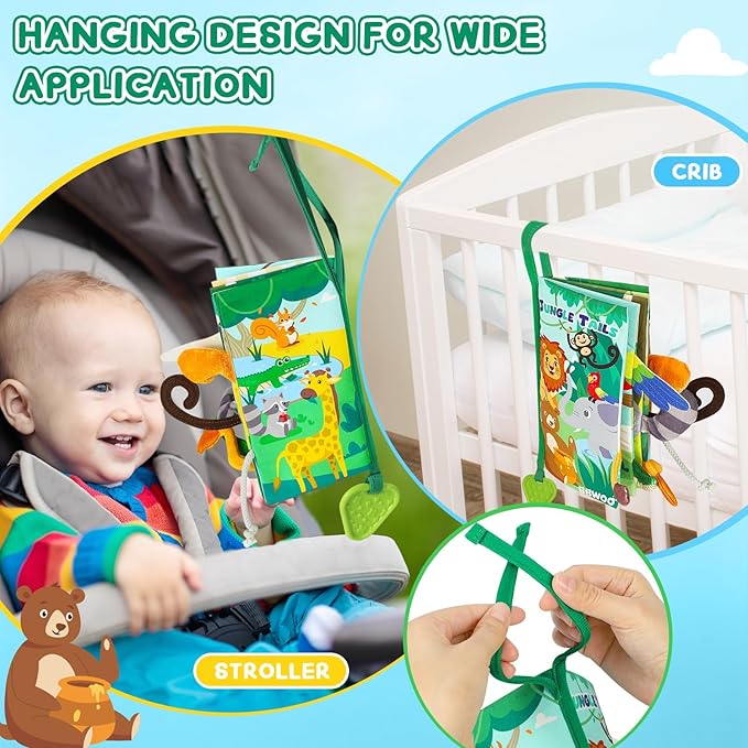 BBWOO Soft Baby Book Toy - Newborn Boy Girl Shower Gift - Tummy Time Toy for Infant 0-6 6-12 Months - Touch and Feel Sensory Crinkle Book with Teether - Baby Boy Girl Gift - Easter Basket Stuffers