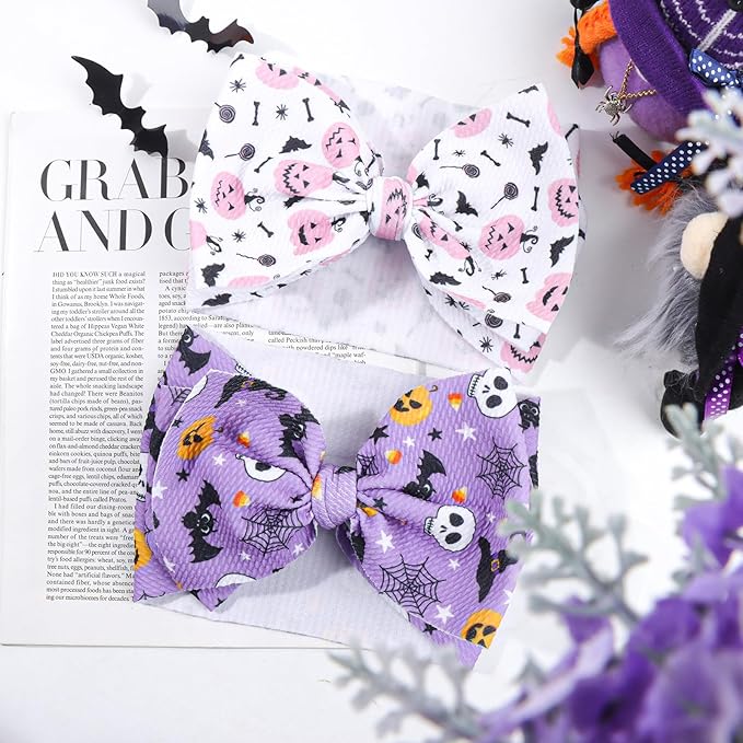 Halloween Baby Girl Bows 7 Inchs Baby Girl Bows Toddler Nylon Headbands Newborn Headband Bows Hair Accessories 2 PCS, 1-Purple,Pink