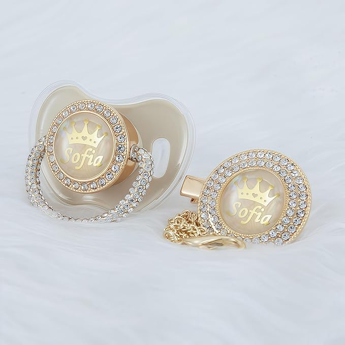 Personalized Name Anniversary All Bling Pacifier and Clip Set Gold Plated New Born Gift Photography No for Daily Use (Khaki)