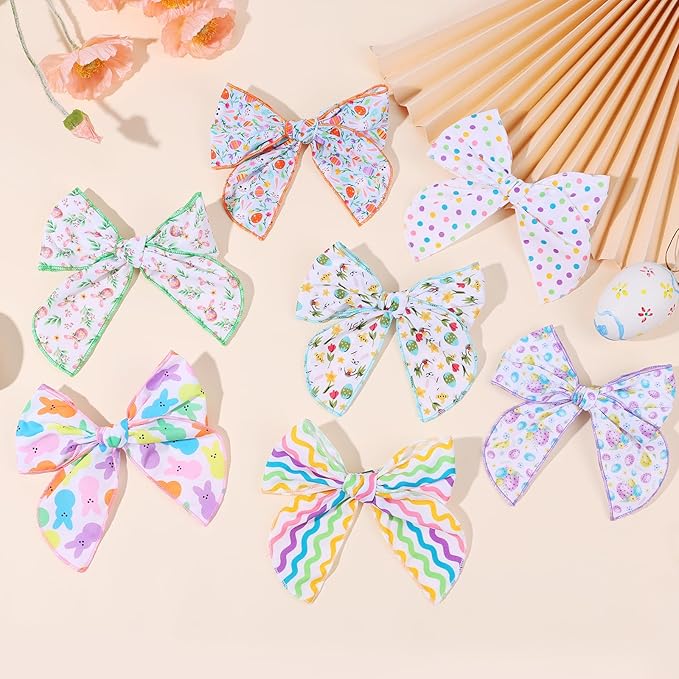 7 PCS Easter Hair Bows for Girls, 4.5 Inch Colorful Toddler Bows Clips With Bunny Rabbit Chick Easter Egg Pattern Hair Accessories for Kids Party Decorations