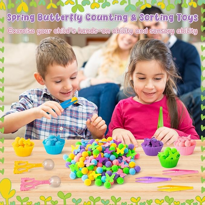 EZdhuawuse Spring Butterfly Sensory Bin Fillers - 268Pcs Easter Butterfly Fine Motor Skills Toys Color Counting Sorting Set for Kids, Felt Decor Pom Poms Cup Clip for Preschool Education Activities