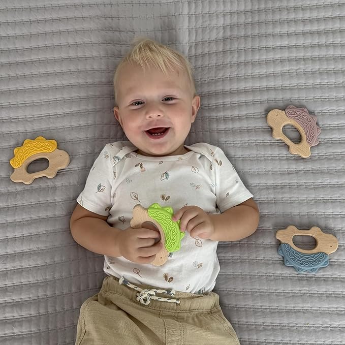 Baby Must Haves – Baby Teething Toys and Teether for Soothing Relief – Perfect for teething toys 3-6 months and Shower Gifts – Soft, BPA-Free, Ergonomic Dinosaur Wood Design.
