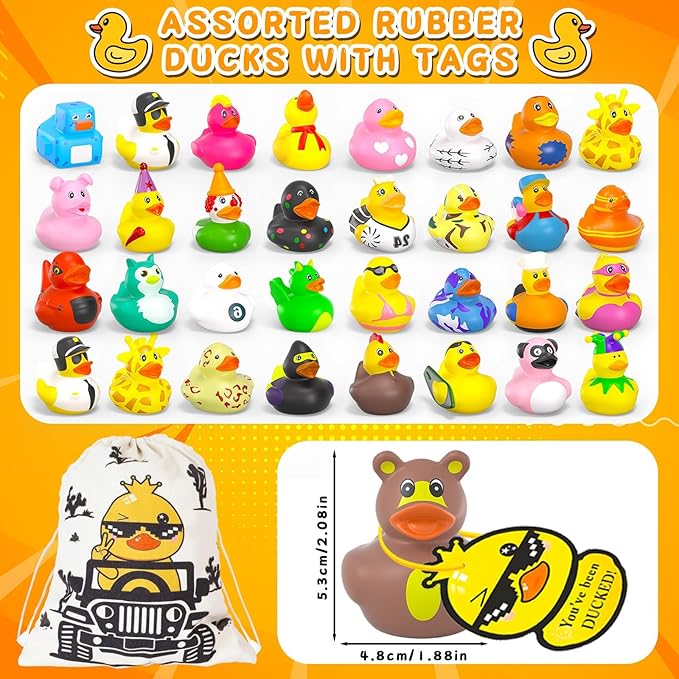 51 Pcs Jeep Ducks for Ducking,50 Rubber Ducks+1 Duck Bag+50 Tags Cards+50 Rubber Bands, Toddler Baby Party Favors