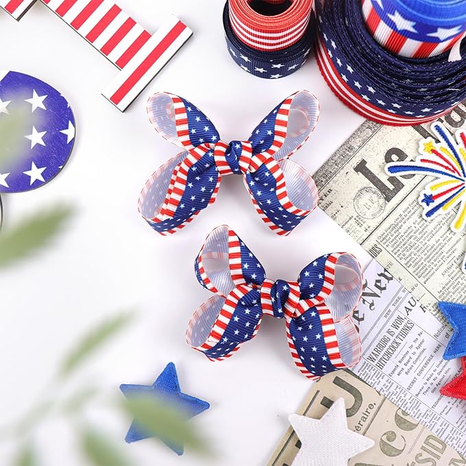 YanJie 4th of July 2pcs Hair Clips Red Blue 3'' Hair Bows American Flag Hairgrips Girls Patriotic Barrette Independence Day Hair Accessories