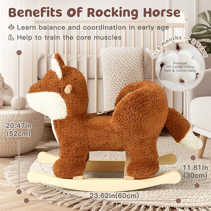 labebe - Baby Rocking Horse, Brownish Red Fox Rocking Horse with Seat Belt, Plush Animal Rocker for Kids, Stuffed Rocker Toy for Children 6M-3 Years Old Girl&Boy
