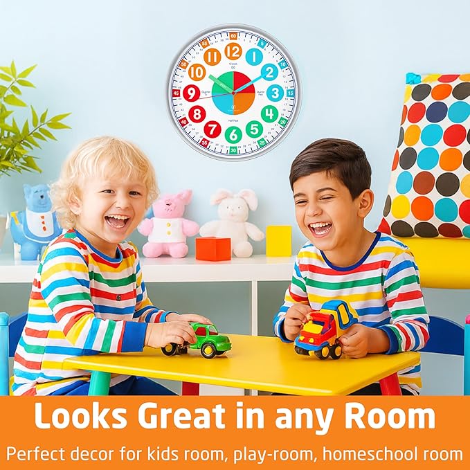 OWLCONIC Clock for Kids – Educational Analog Learning Wall Clock, Non Ticking Teaching Clock for Classroom & Homeschool, Silent Kids Bedroom Décor Bright
