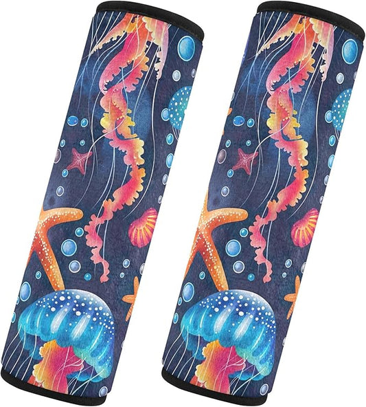CHIFIGNO Colorful Jellyfish and Starfish Seat Belt Cover Universal Seatbelt Pads Pack of 2 Car Seat Shoulder Protector Protect Your Neck and Shoulder